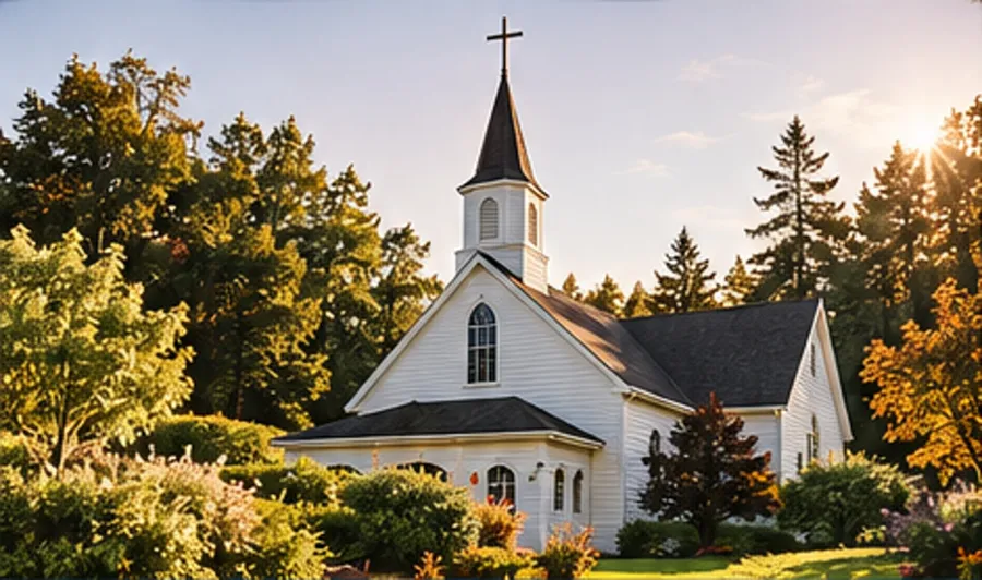A white wooden church with a steeple surrounded by trees at sunset